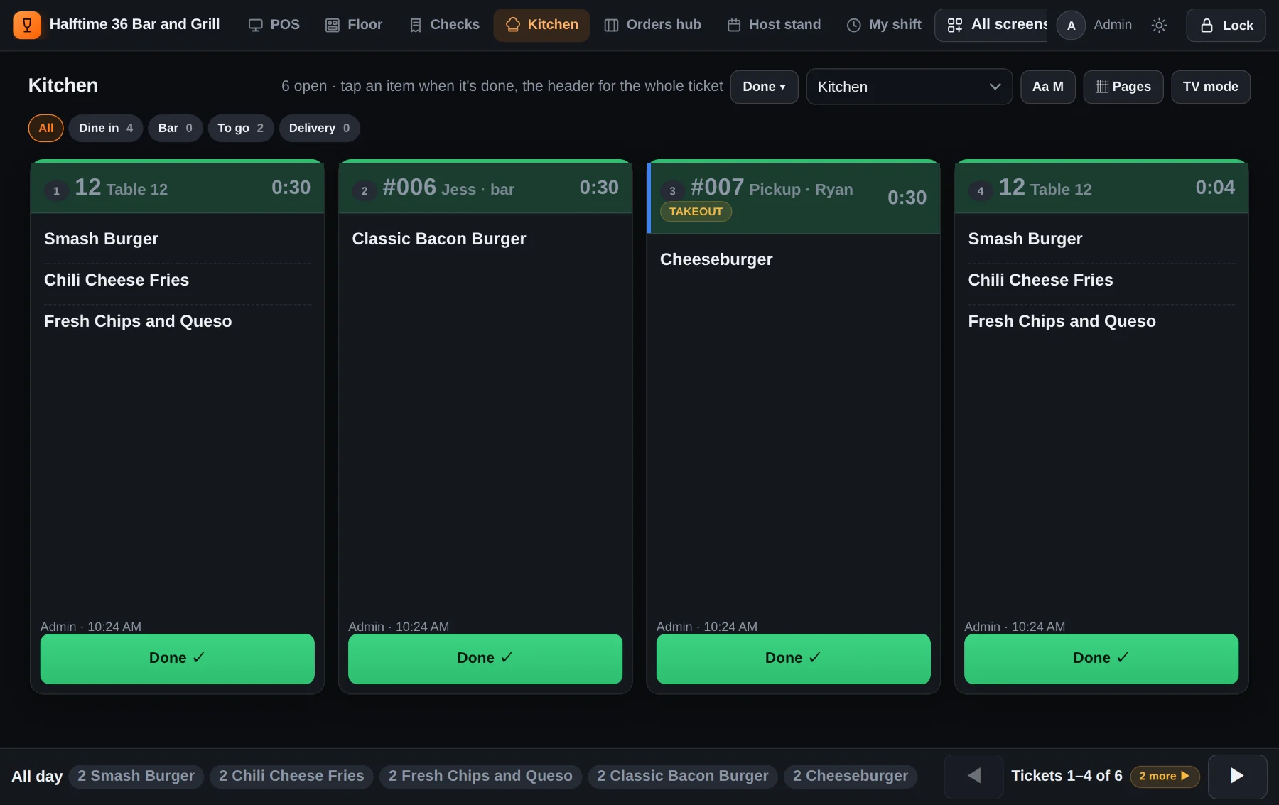 GrillTab kitchen display with tickets and timers