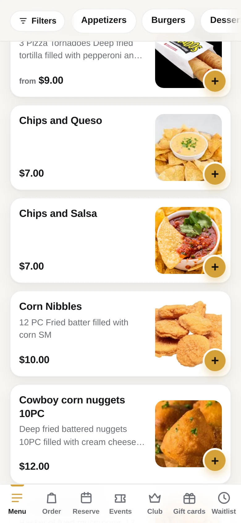 Ordering site menu on a phone