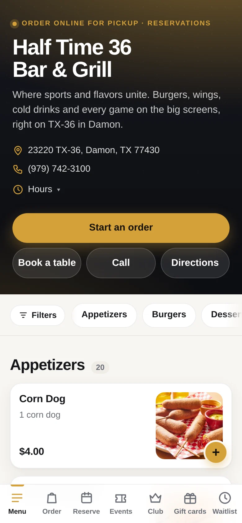 A bar's online ordering page on a phone